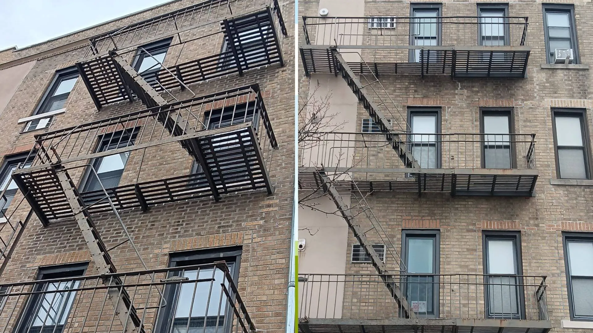 Certified contractor repairing a damaged fire escape on a New York City building